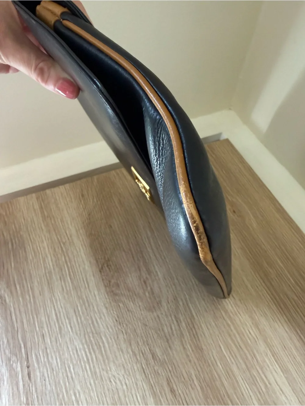 Vintage Celine Black Leather Fold-Over Clutch with Gold Hardware